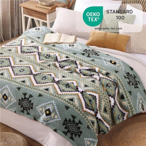 Boho Sherpa Throw Blanket Aztec Olive Green Ultra Soft Warm Cozy Plush Fleece NW - Picture 4 of 5